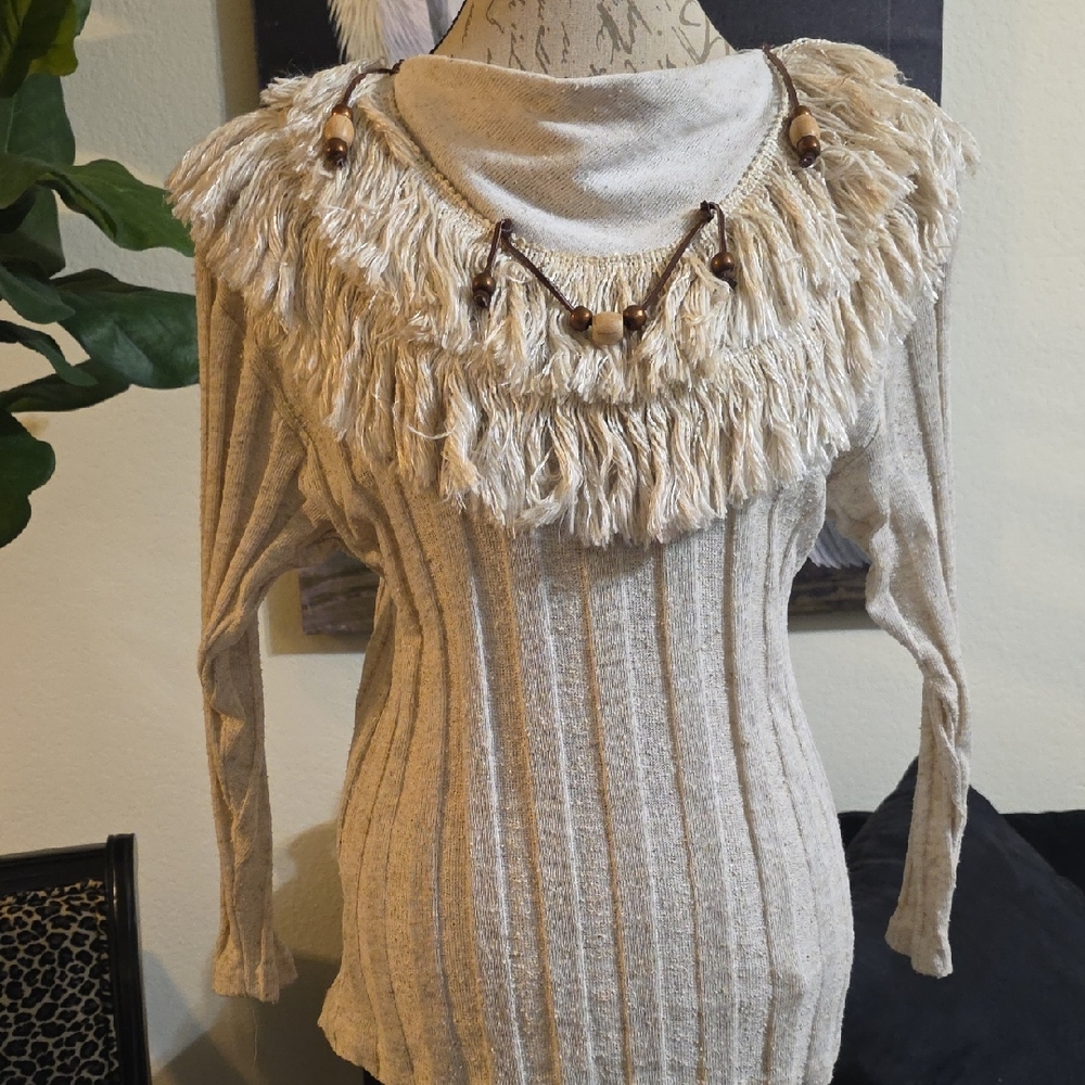 Vintage Cream Sweater with Fringe Bead Western Detail